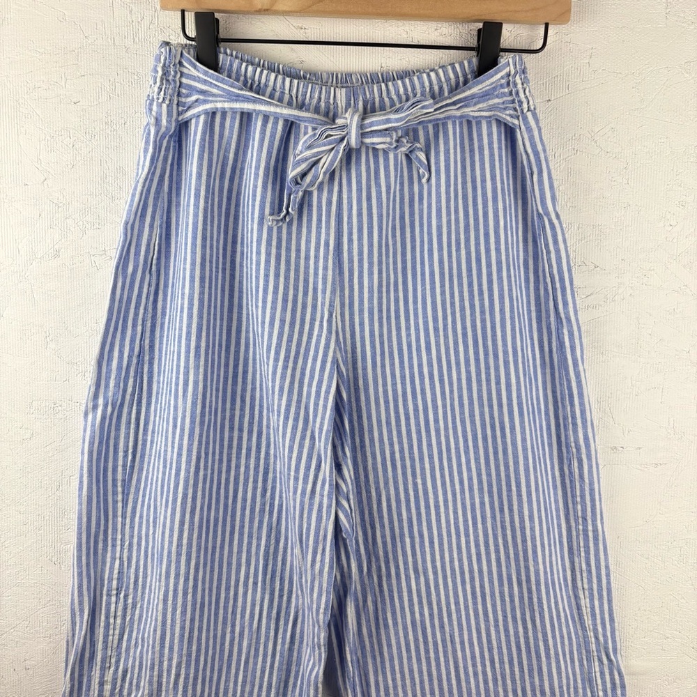 beachlunchlounge Blue and White Striped Wide Leg Linen Blend Pants Tie Waist Sm - Picture 3 of 6